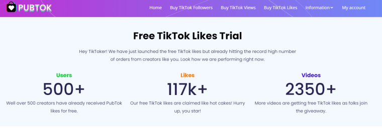 Screen shot of PubTok free TikTok likes service website