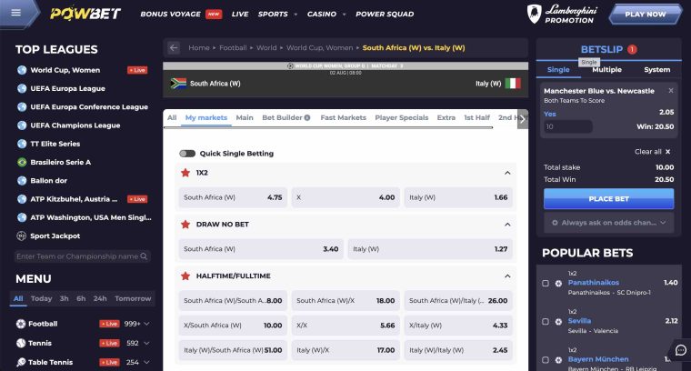 Example of the odds at PowBet an offshore sportsbook for British Columbia using a Women's World Cup match
