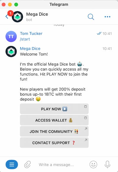 Telegram Bot for Mega Dice Casino