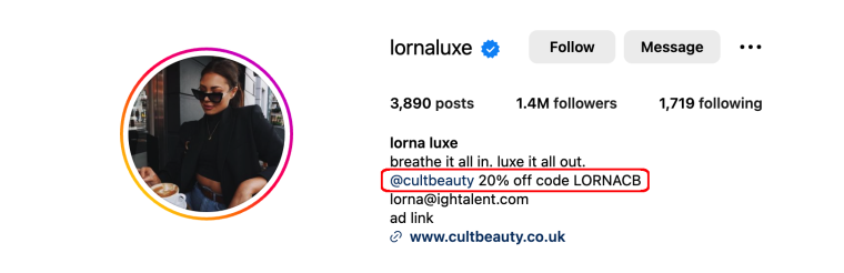 How to monetize Instagram: screenshot of IG influencer with an affiliate code from Cult Beauty in her bio 