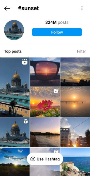 Social media tags: screenshot of the top posts under the hashtag "sunset"