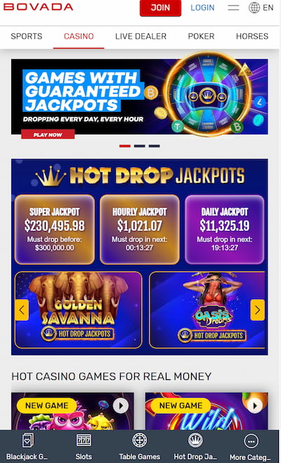 Bovada casino app homepage