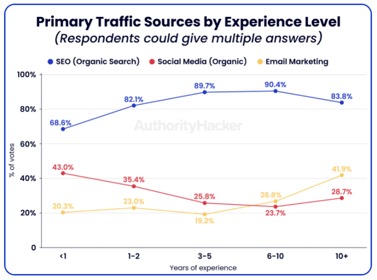 Affiliate marketing statistics from Authority Hacker about traffic sources by experience level