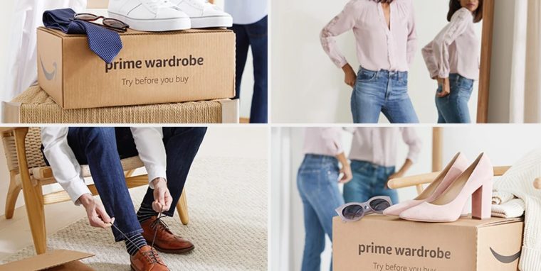 A collage containing four images showing Amazon boxes and people trying on clothes. 