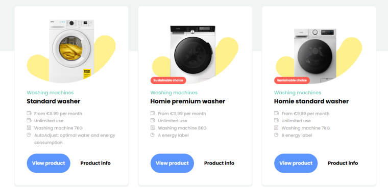 An image showing three washing machines available to hire via Homie