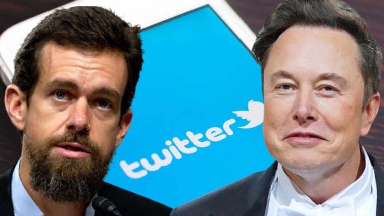 Jack Dorsey and Elon Musk in front of a phone with a Twitter logo on it