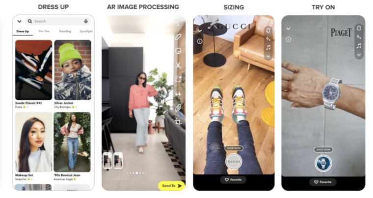 Augmented reality-powered shopping on Snapchat, showing users trying out clothes, watches and make up