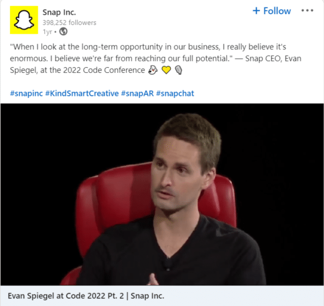 Snap Inc.'s LinkedIn post, linking to Evan Spiegel's Code Conference speech about selling Snapchat