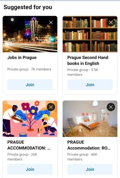 Screenshot from the group recommendations of a Facebook account where the user has 4 similar recommendations called jobs in Prague and accommodation in Prague