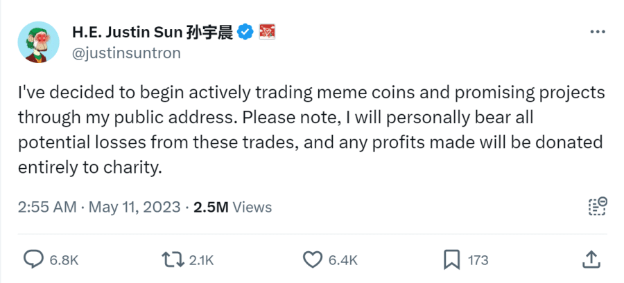 Justin Sun Meme Coin Trading Announcement
