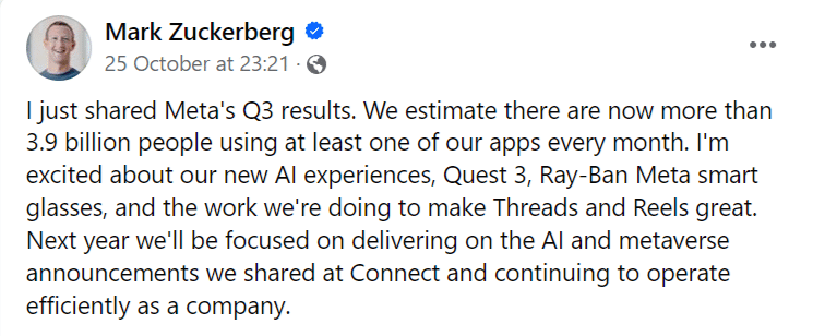 Screenshot from Mark Zuckerberg's Facebook post talking about Meta's 2023 Q3 results