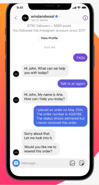 Screenshot from Wind and Wool's customer service conversation on Messenger