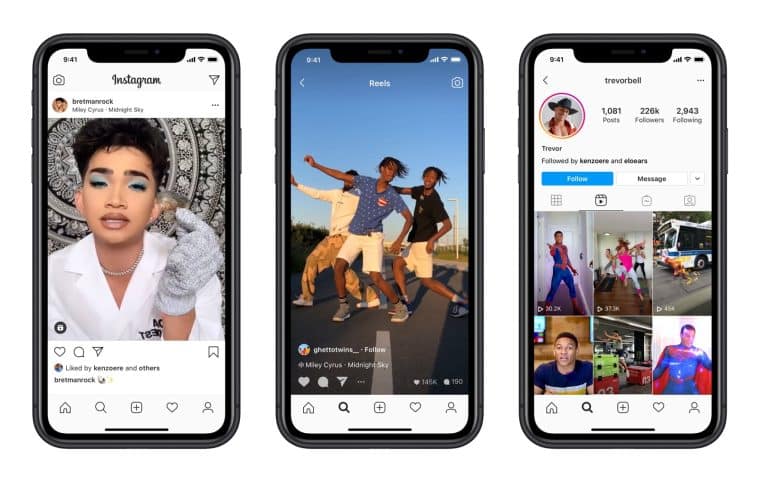 Three pages showing Instagram Reels on the feed, Explore tab, and a user's profile