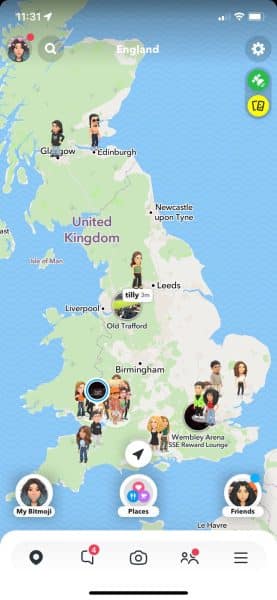 Snap Map of a user based in the UK
