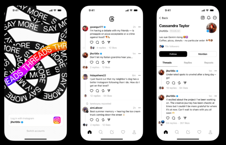 Screenshot from Threads, showing how users can join with their Instagram account, how they can join conversations, and what a user profile looks like