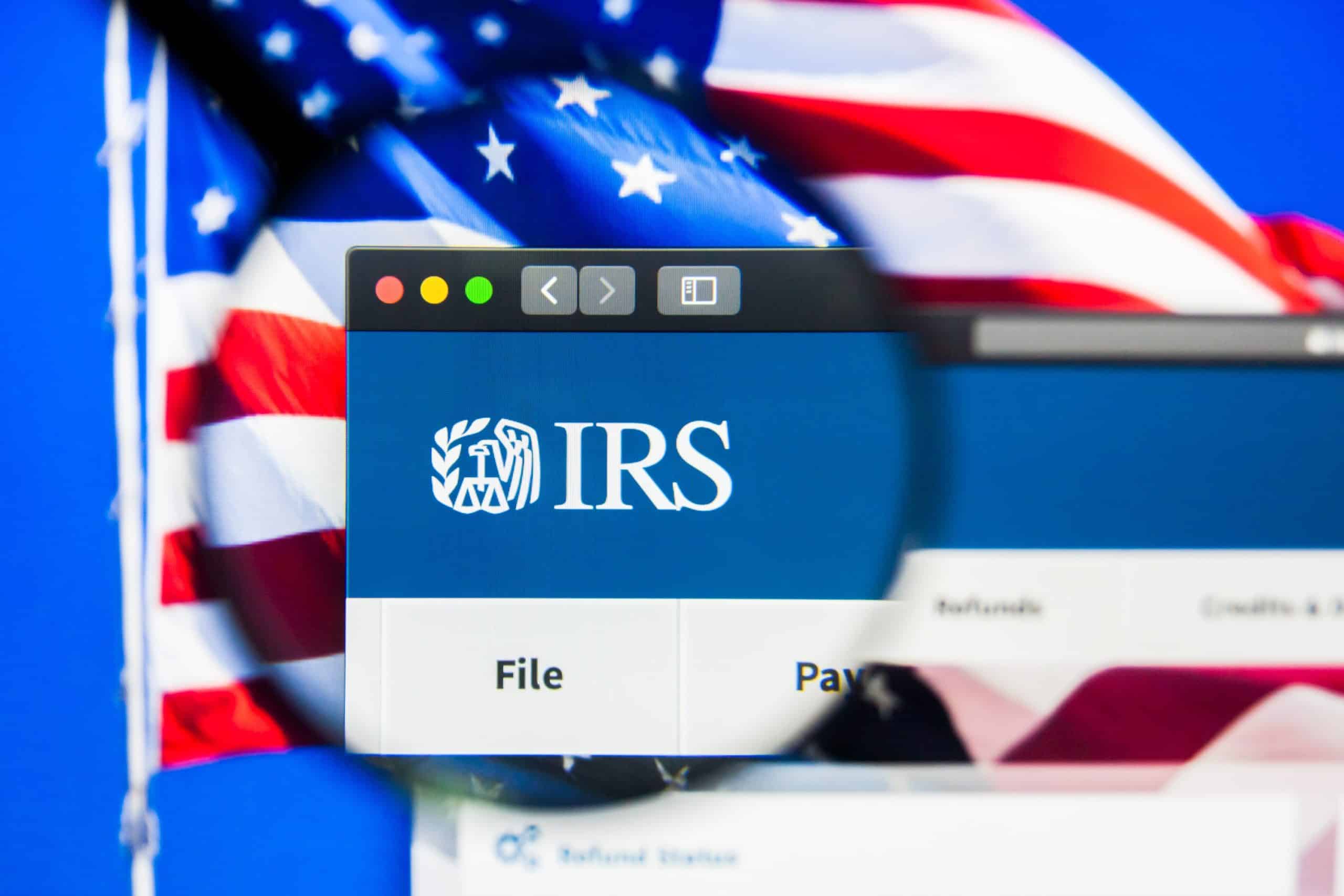 irs webpage with american flag in the background