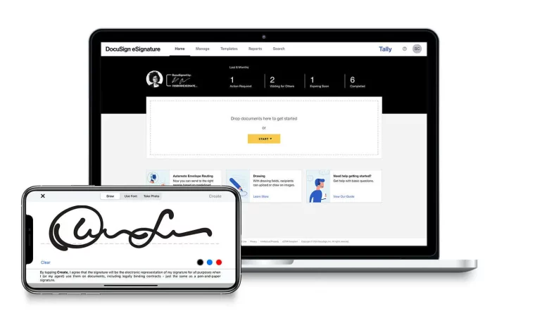 Screenshots from DocuSign showing a user's hand-drawn e-signature