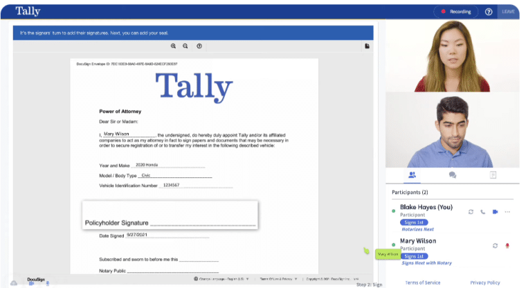 Screenshot showing how Remote Online Notarization takes place with a video call and e-signature