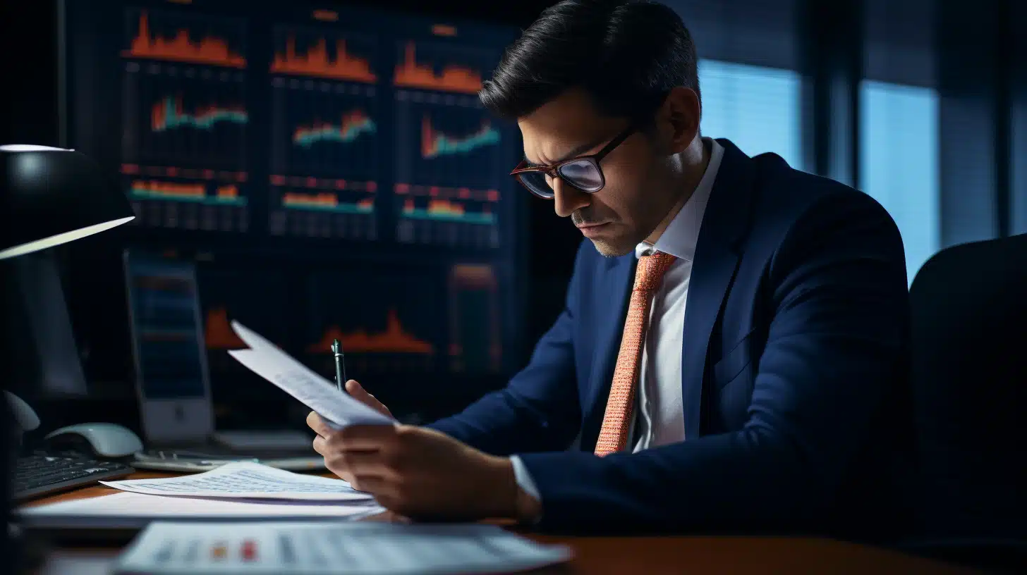 analyst working on a piece of paper with charts in the background
