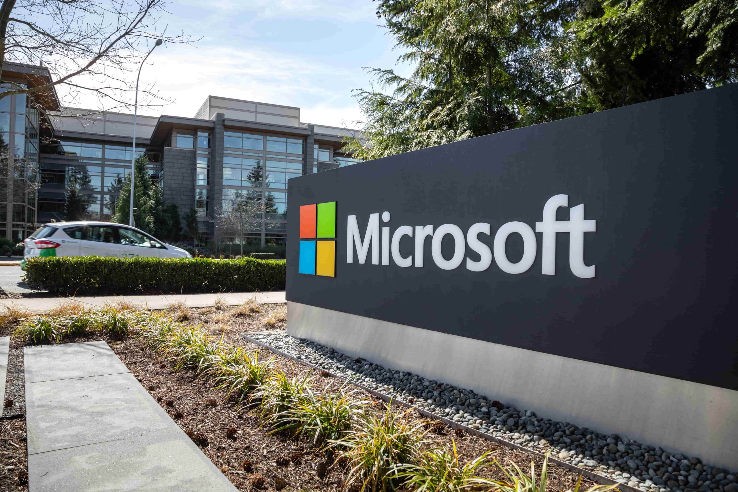 microsoft logo in front of building