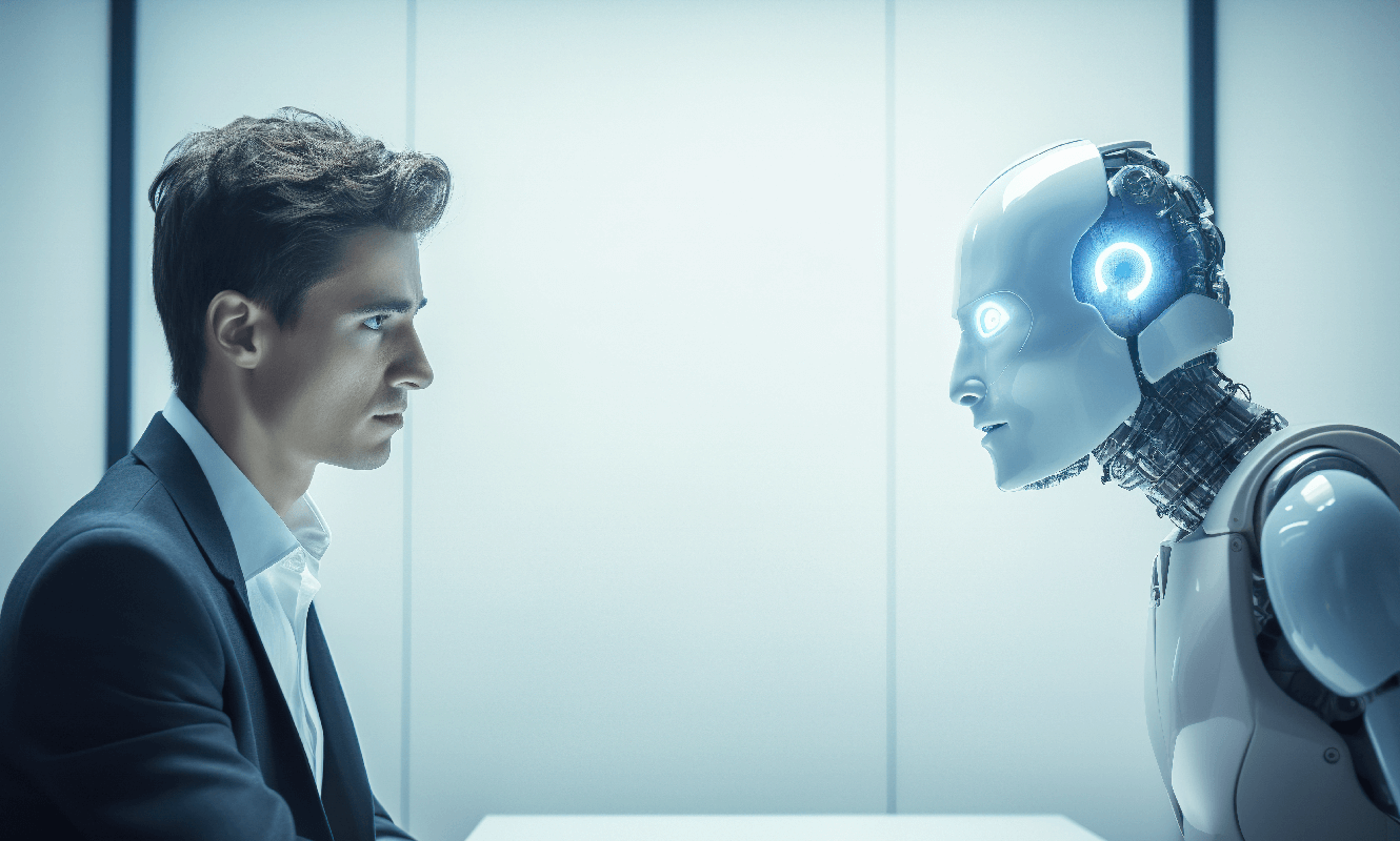A male faces a robot across a desk
