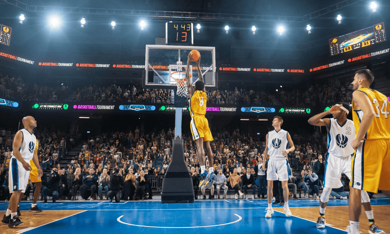 Basketball Superstar Player Scoring a Powerful Slam Dunk Goal with Both Hands In Front Of Cheering Audience Of Fans