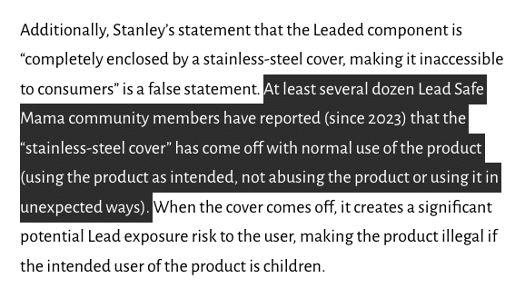 Screenshot from Tamara Rubin's blog post highlighting that "at least several dozen Lead Safe Mama community members have reported (since 2023) that the “stainless-steel cover” has come off with normal use of the product (using the product as intended, not abusing the product or using it in unexpected ways)."