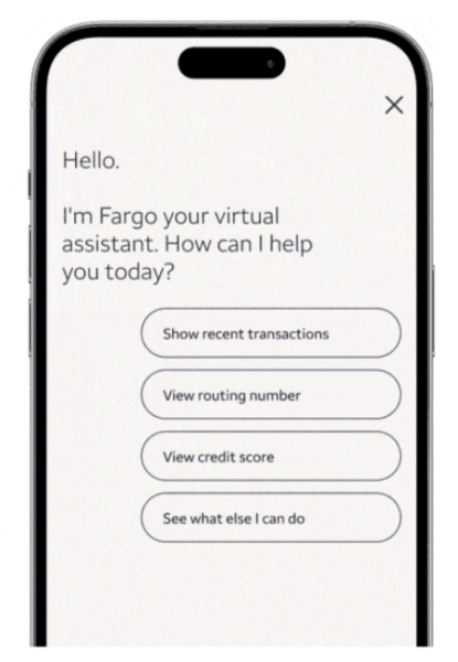 Screenshot of Wells Fargo's AI assistant Fargo's chat window, offering to show recent transactions, routing number, and credit store
