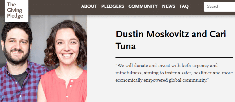 Dustin Moskovitz and Cari Tuna giving pledge