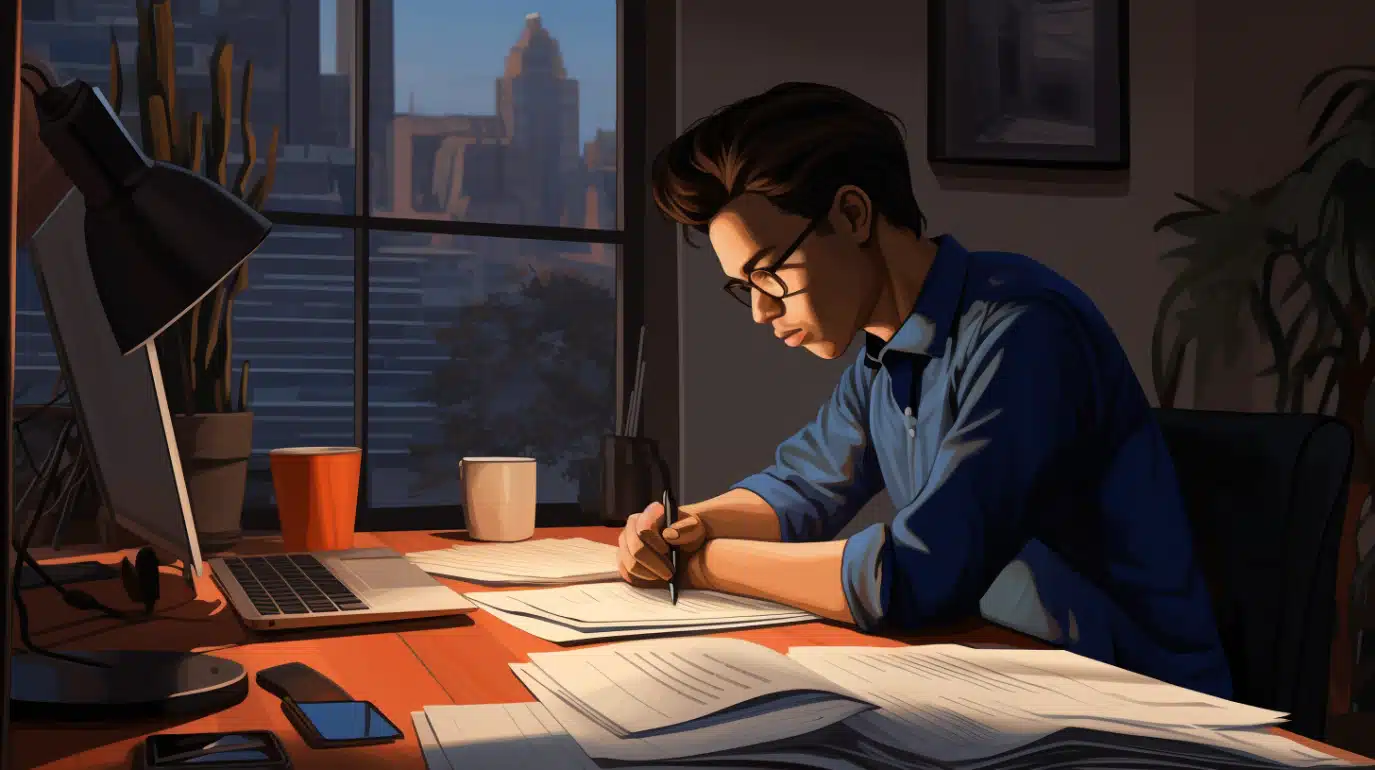 man working at an office with paper and pen