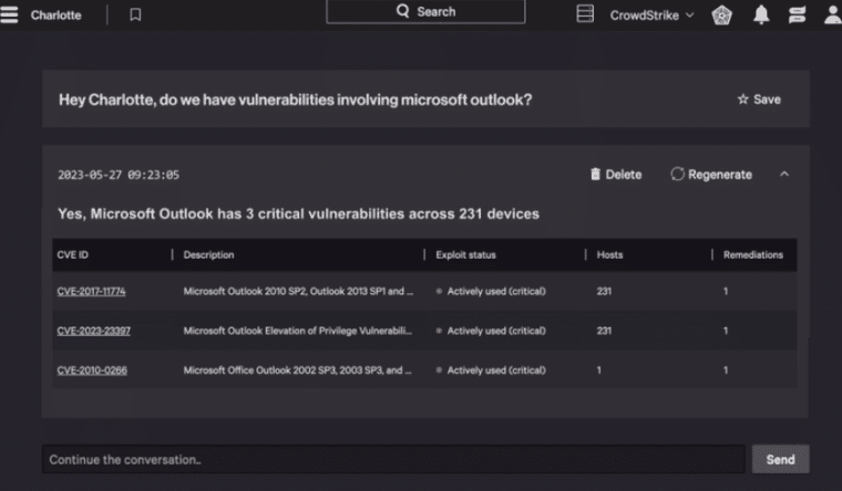 Screenshot from CrowdStrike's Charlotte AI, giving insights into Microsoft Outlook vulnerabilities of an organization