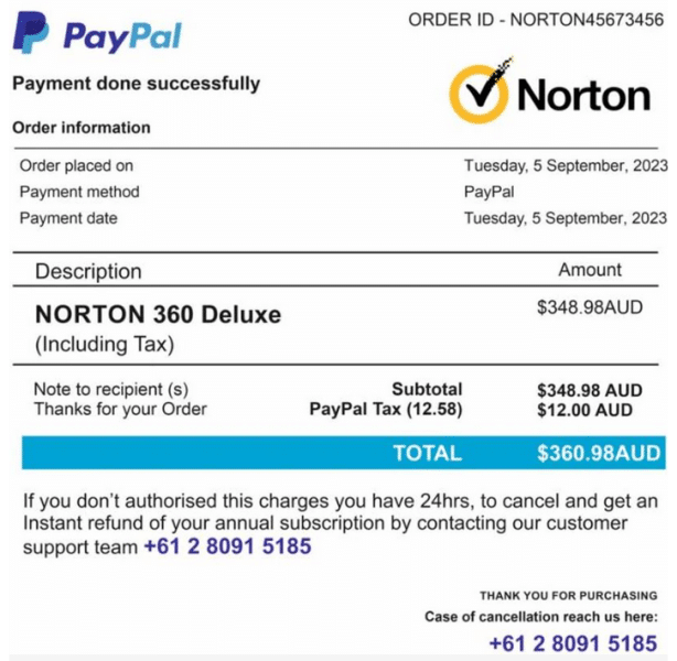 Paypal norton lifelock scam example