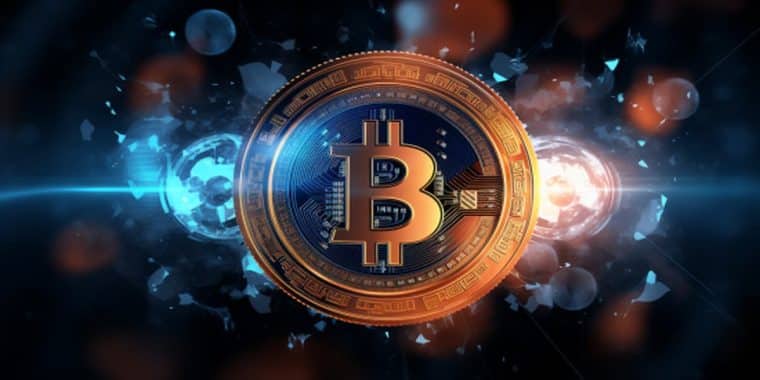 moneta Bitcoin na futurystyczym tle