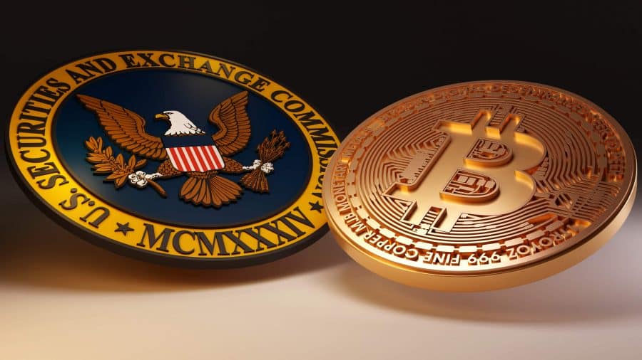 SEC coin next to Bitcoin coin