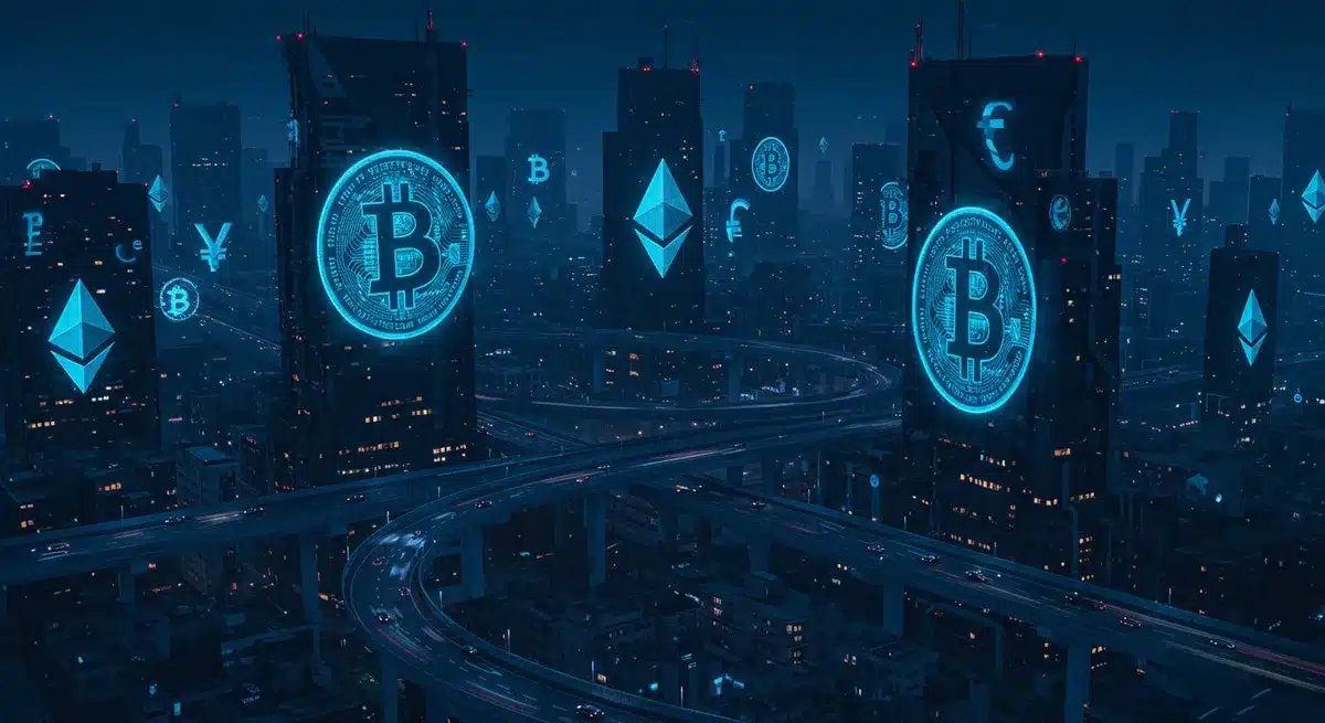 未来都市と暗号通貨の夜景