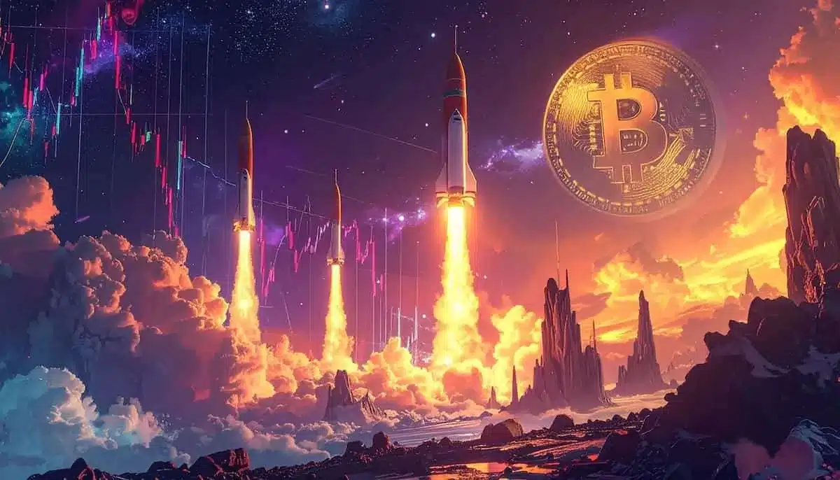 ロケットが打ち上がっており、ビットコインが浮かんでいる空