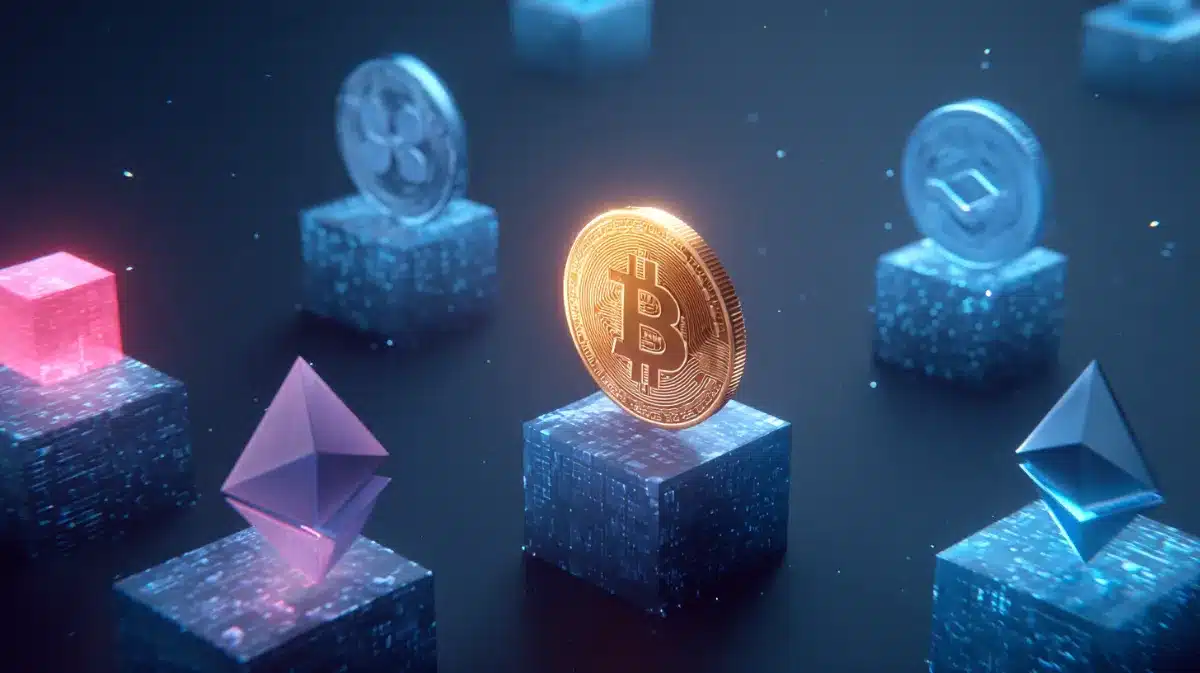 ボックスの上にある仮想通貨コイン