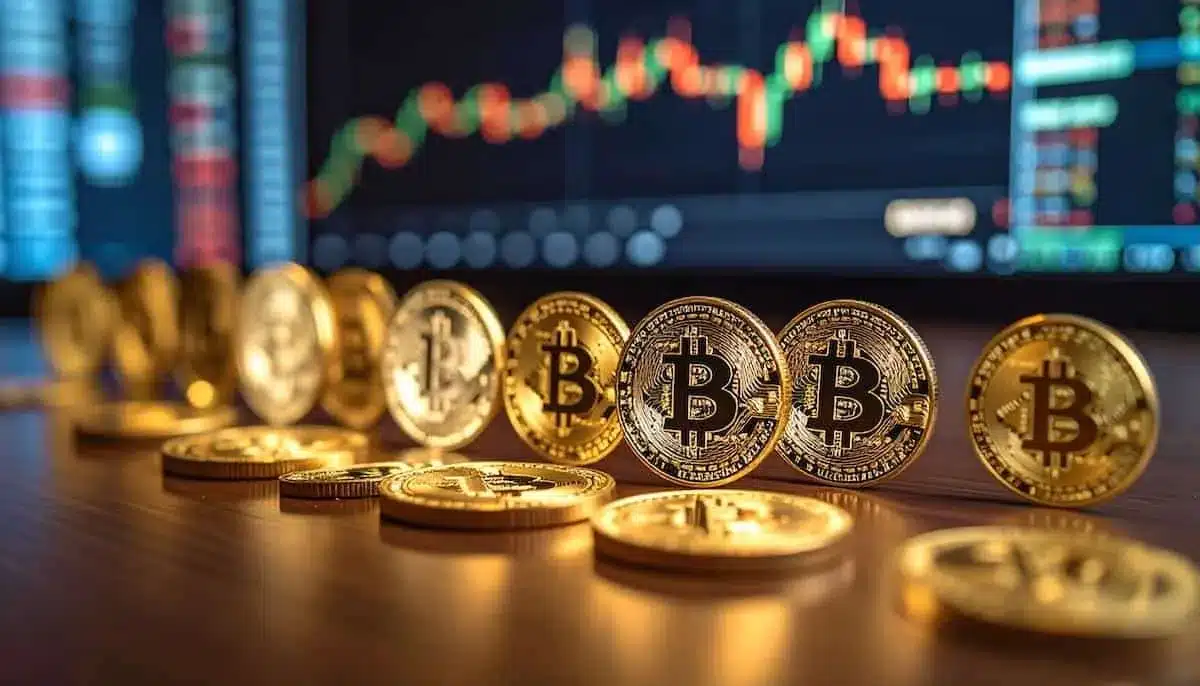 ビットコインがチャートの前に並んでいる