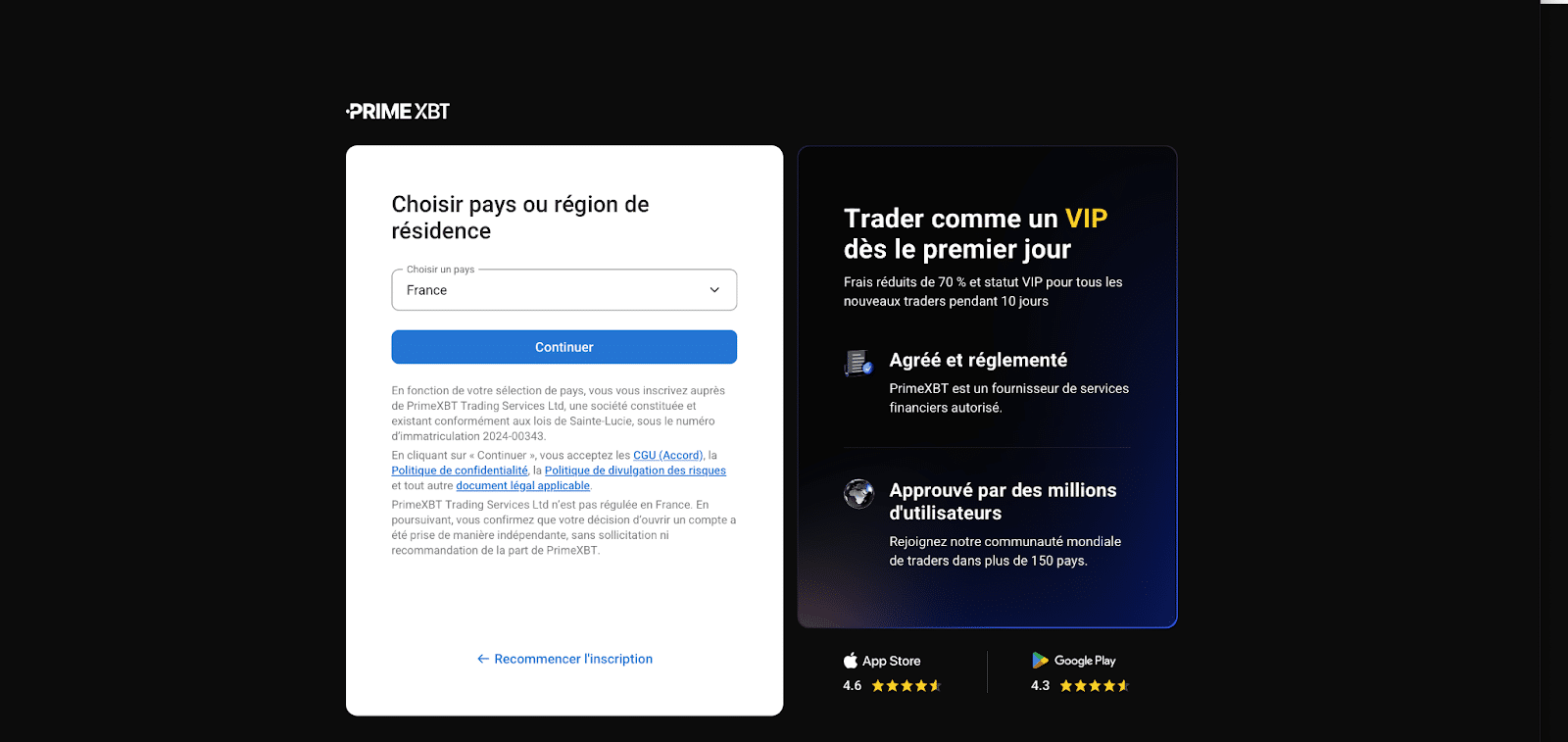 Séléctionner un pays sur PrimeXBT