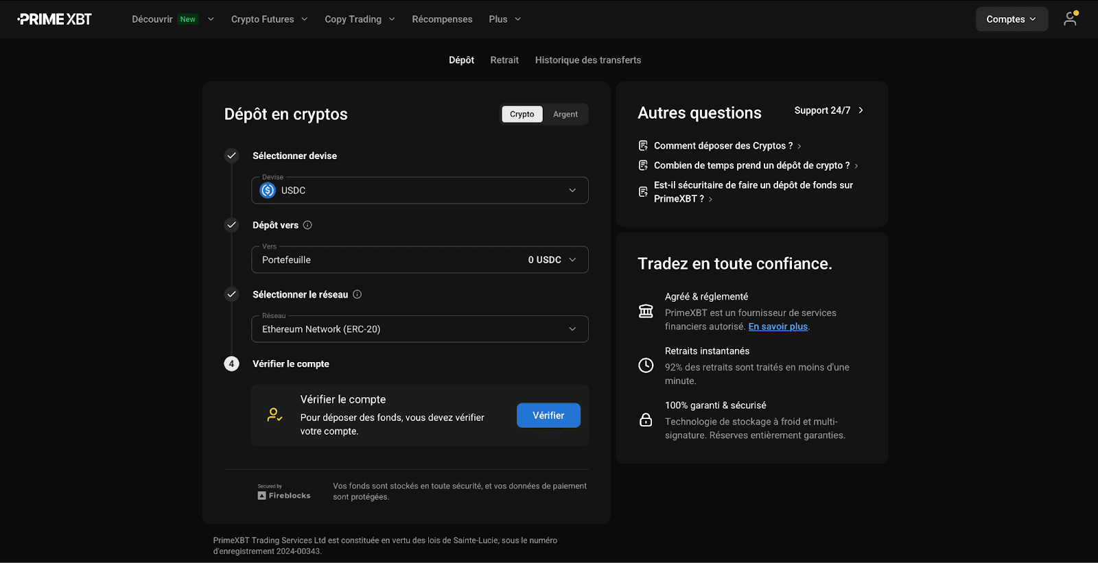 déposer des fonds sur PrimeXBT
