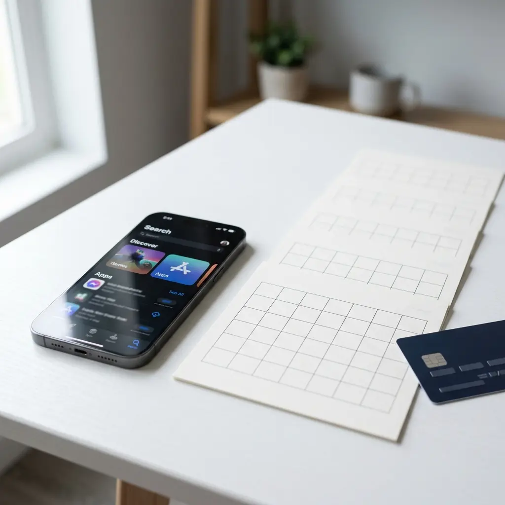 iPhone displaying App Store with monthly calendar and credit card on white desk