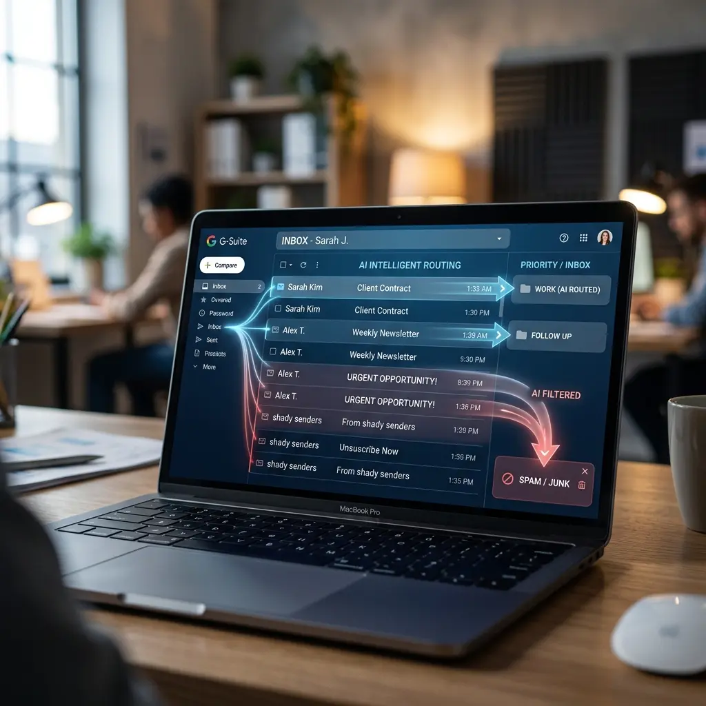 Email inbox with AI spam filter routing messages, representing modern email marketing deliverability