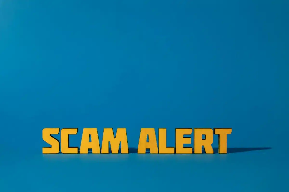 A blue background with the words scam alert in yellow.