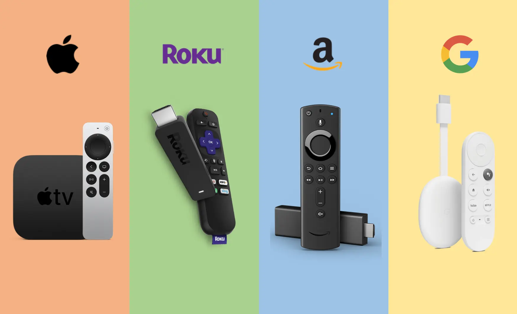 Smart TV devices and remotes from Apple, Roku, Amazon, and Google on colorful backgrounds.