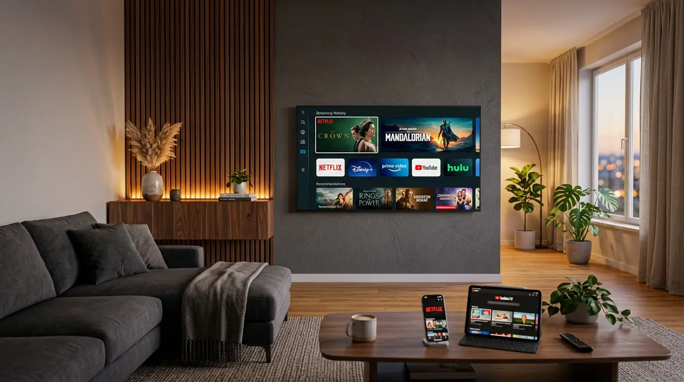 Modern smart TV displaying streaming apps with smartphone and tablet on coffee table in living room