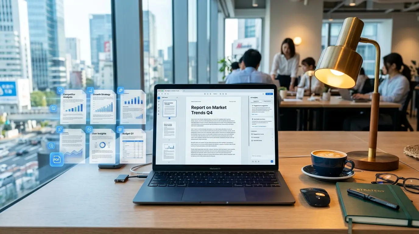 Modern laptop displaying AI-powered document management interface in professional office workspace