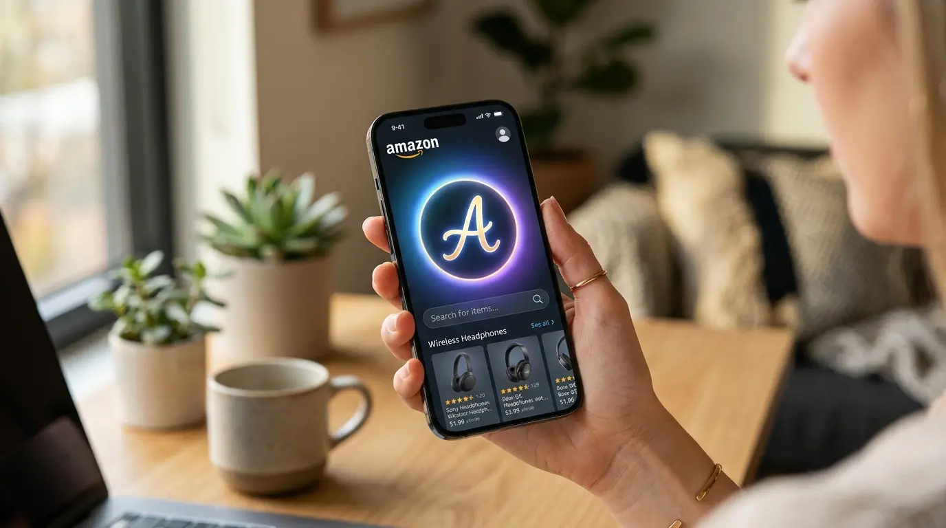 Smartphone displaying Amazon app with Alexa for Shopping AI assistant icon on screen