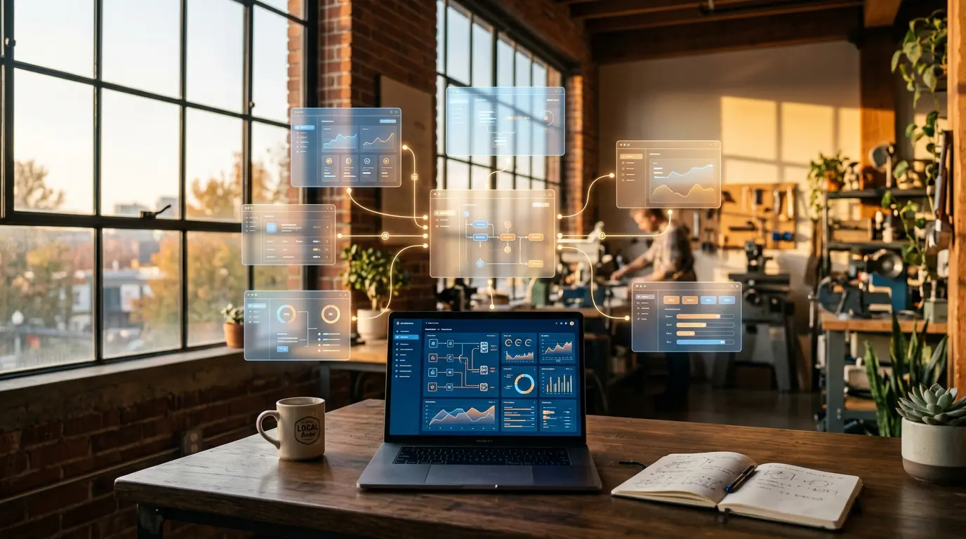 Small business workspace with laptop showing interconnected workflow automation dashboards and interfaces
