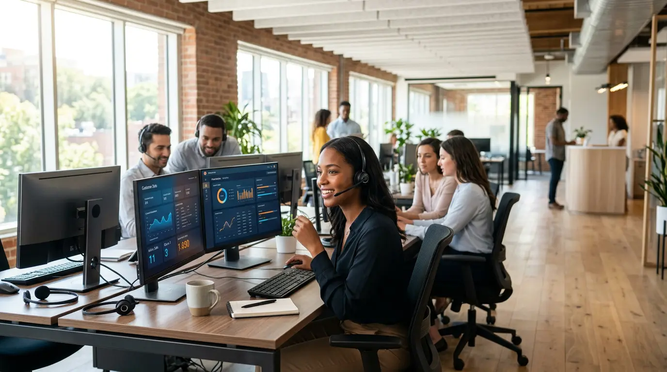 Customer service team using modern AI technology in bright contemporary office workspace