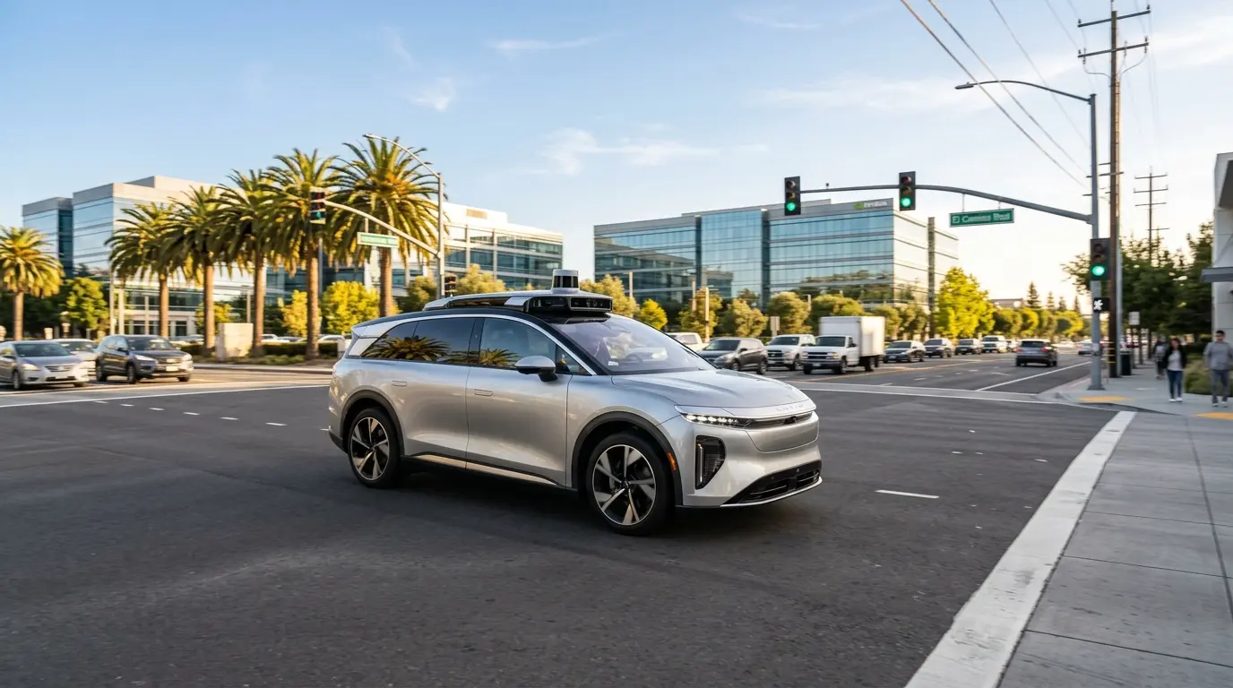 Autonomous Lucid Gravity SUV with sensor array driving on California street during driverless testing